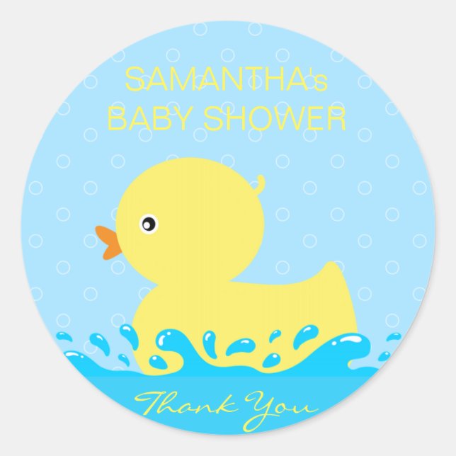 Adorable Yellow Blue Rubber Ducky Baby Shower Classic Round Sticker (Front)
