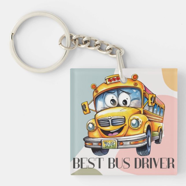 Adorable Yellow Cartoon Best School Bus Driver Key Ring (Front)