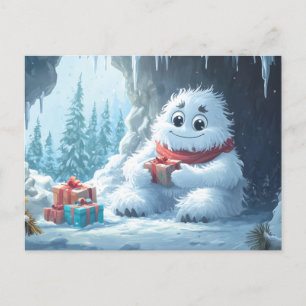Adorable Yeti with Christmas Presents in a Cave Holiday Postcard