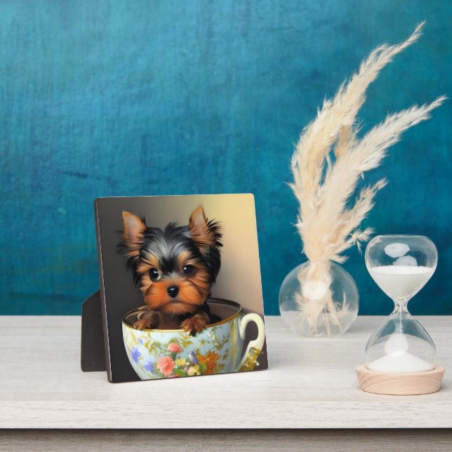 Adorable Yorkie In A Teacup Tabletop Art Plaque (Insitu)
