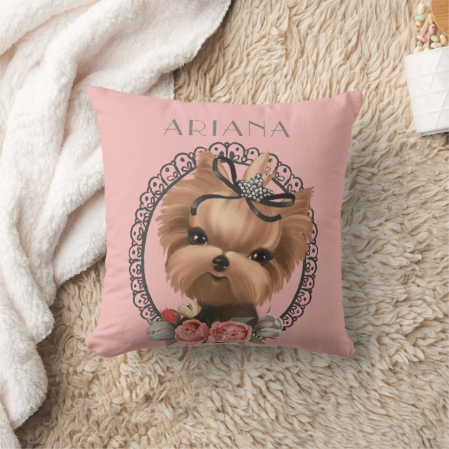 Adorable Yorkie Puppy Pink Floral Cushion (Blanket)