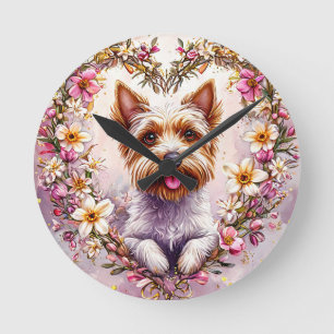 Adorable Yorkie Surrounded by Floral Wreath Round Clock