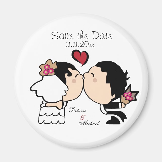Adorable young bride and groom savings the magnet (Front)