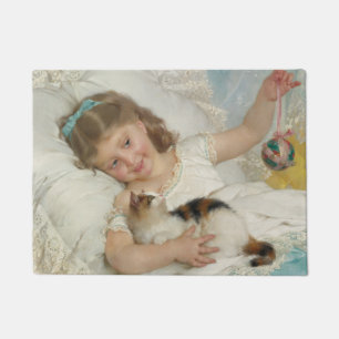 Adorable Young Girl Playing With Her Pet Cat Doormat