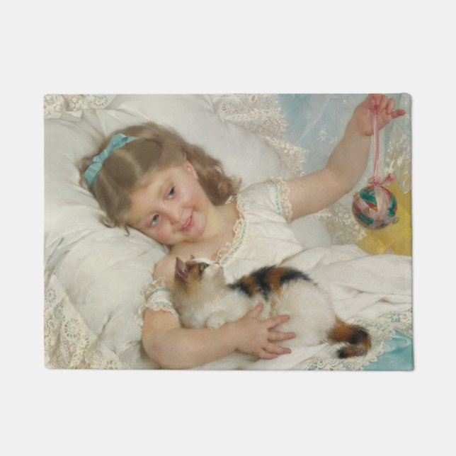 Adorable Young Girl Playing With Her Pet Cat Doormat (Front)