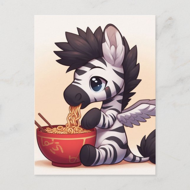Adorable Zebra Angel Eating Ramen Postcard (Front)
