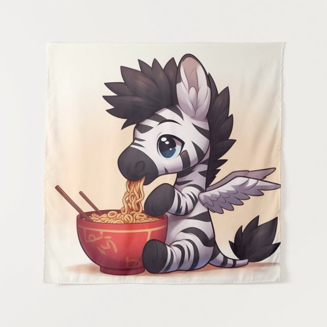 Adorable Zebra Angel Eating Ramen Tapestry (Front)