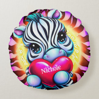 Adorable Zebra Holding Heart Round Cushion