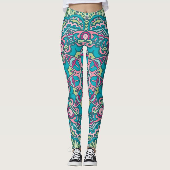 Adorables Bohemian Style Turquoise And Pink Leggings (Front)
