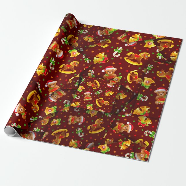 Adorables Christmas [3D] Bears And Rocking Horses Wrapping Paper (Unrolled)