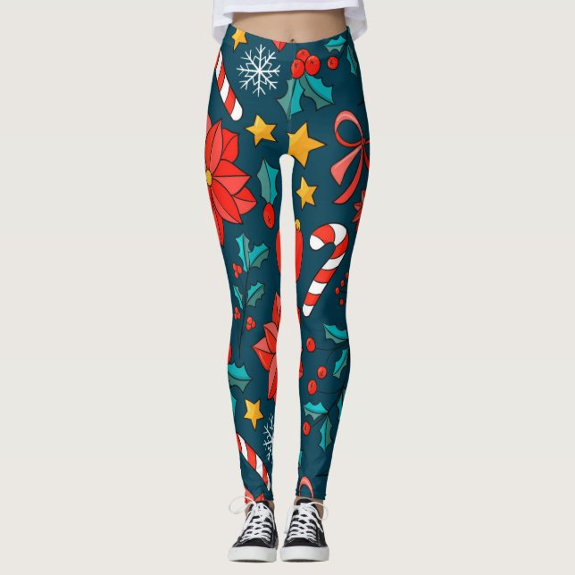 Adorables Christmas Candy Canes And Poinsettias Leggings (Front)