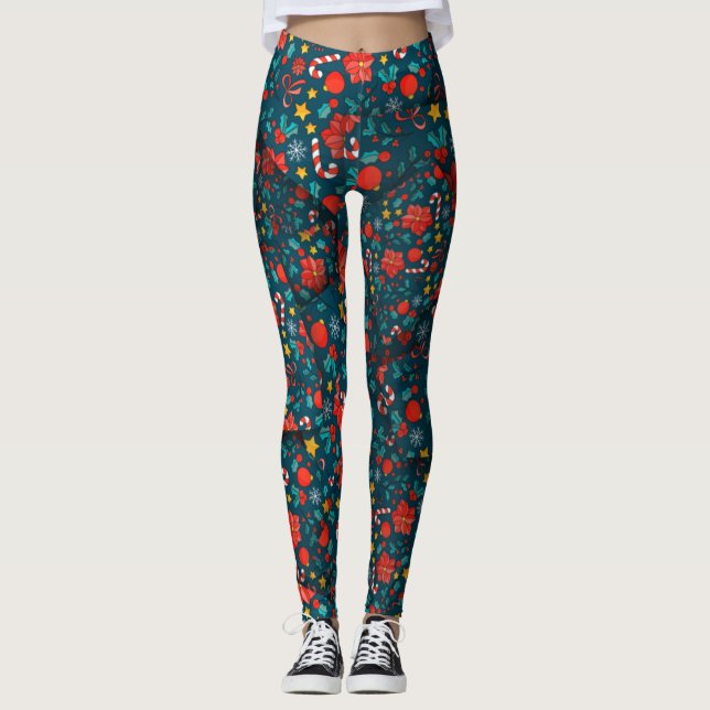 Adorables Christmas Poinsettias & Candy [3D] Yoga  Leggings (Front)