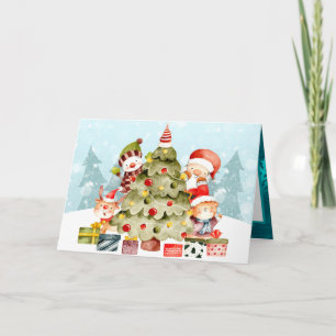 Adorables Christmas Santa And Friends Around Tree  Holiday Card