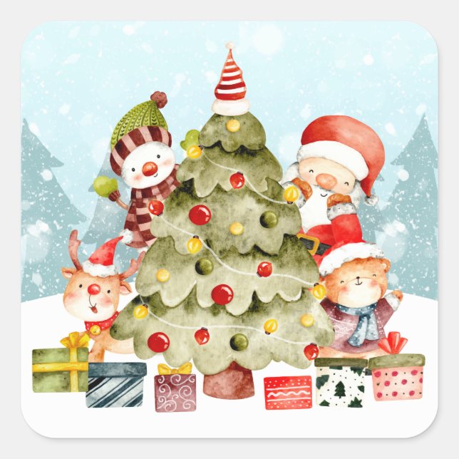 Adorables Christmas Santa And Friends Around Tree  Square Sticker (Front)