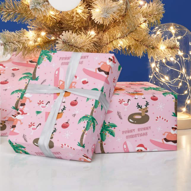 Adorables Christmas Santa Surfing Funny Wrapping Paper (Holidays)