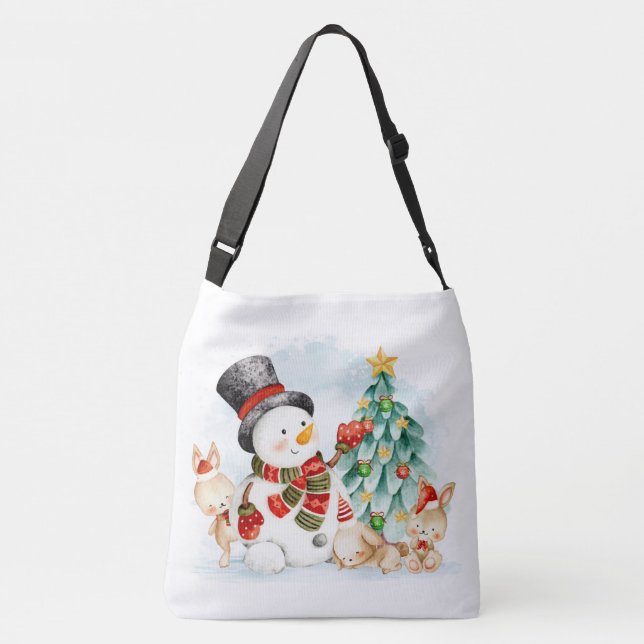 Adorables Christmas Snowman Bunnies And Tree   Crossbody Bag (Back)