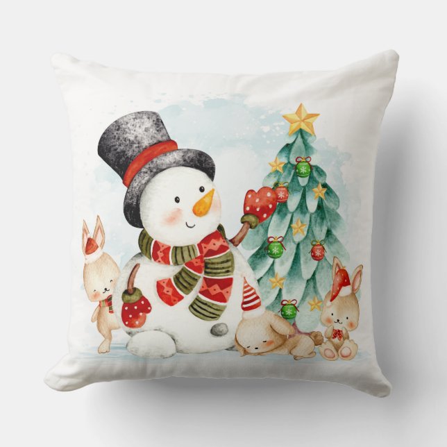 Adorables Christmas Snowman Bunnies And Tree Cushion (Front)