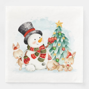 Adorables Christmas Snowman Bunnies And Tree Napkin