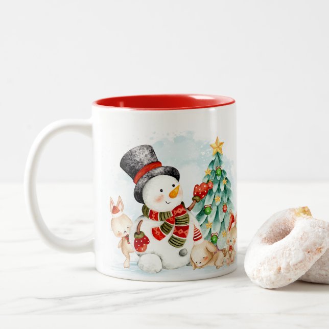 Adorables Christmas Snowman Bunnies And Tree    Two-Tone Coffee Mug (With Donut)