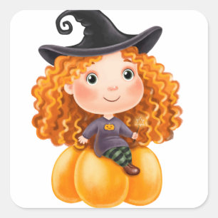 Adorables Cute Little Witch On Pumpkin  Square Sticker