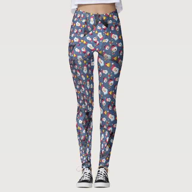 Adorables Cute Snowmen Blue Background [3D] Yoga  Leggings (Front)