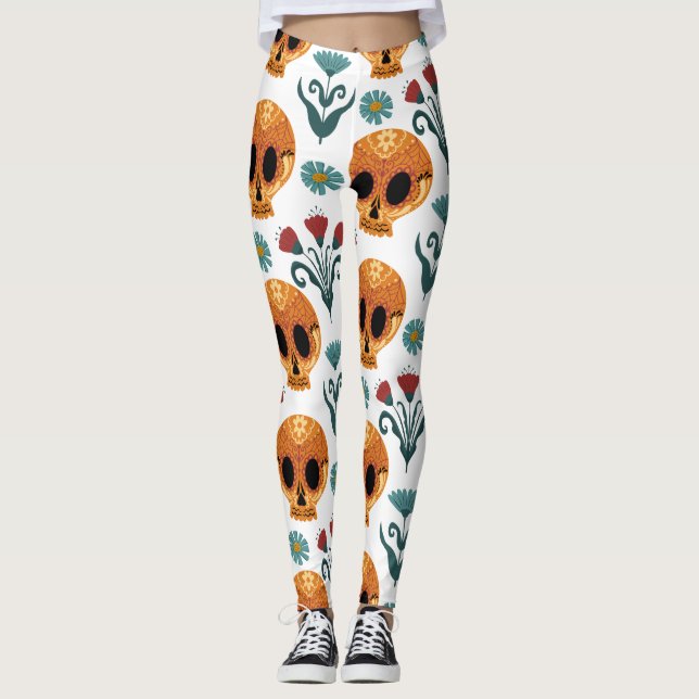 Adorables Day of the Dead Calavara Style Yoga  Leg Leggings (Front)