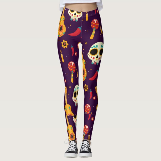 Adorables Day of the Dead Calavara Style Yoga  Leg Leggings (Front)