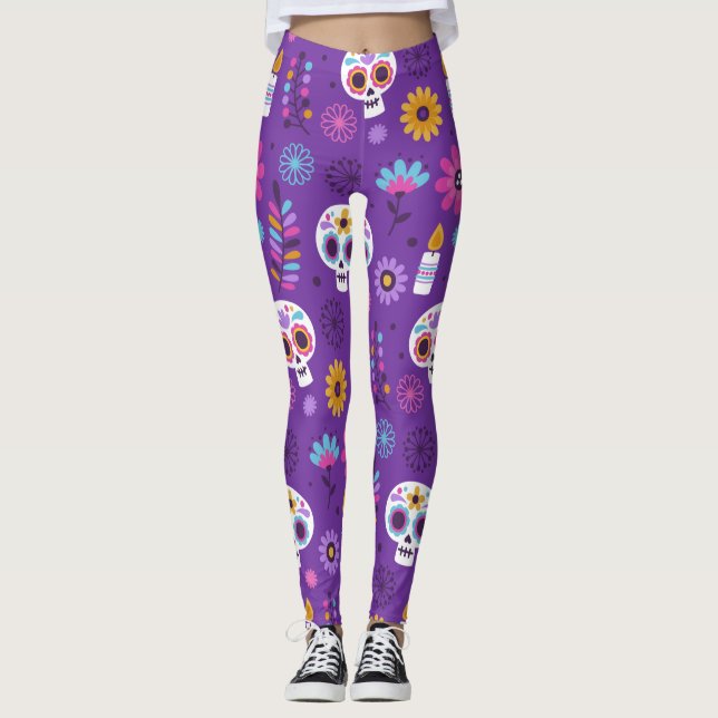 Adorables Day of the Dead Calavara Style Yoga  Leggings (Front)