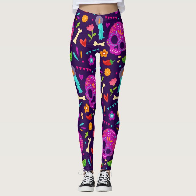 Adorables Day of the Dead Calavara Style Yoga  Leggings (Front)