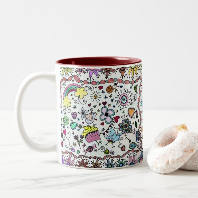 Adorables Happy Happy Joy Joy Doodles   Two-Tone Coffee Mug (With Donut)