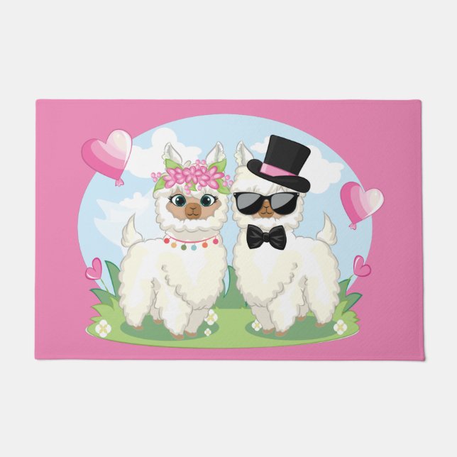 Adorables Llama Love Cute Llama Couple Pink Doormat (Front)