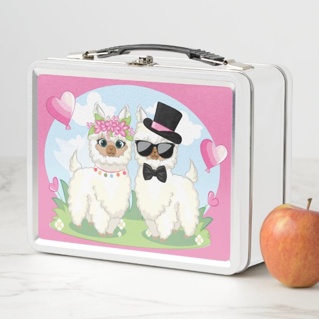 Adorables Llama Love Cute Llama Couple Pink Metal Lunch Box (In Situ)