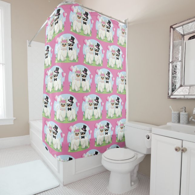 Adorables Llama Love Cute Llama Couple Pink Shower Curtain (In Situ)