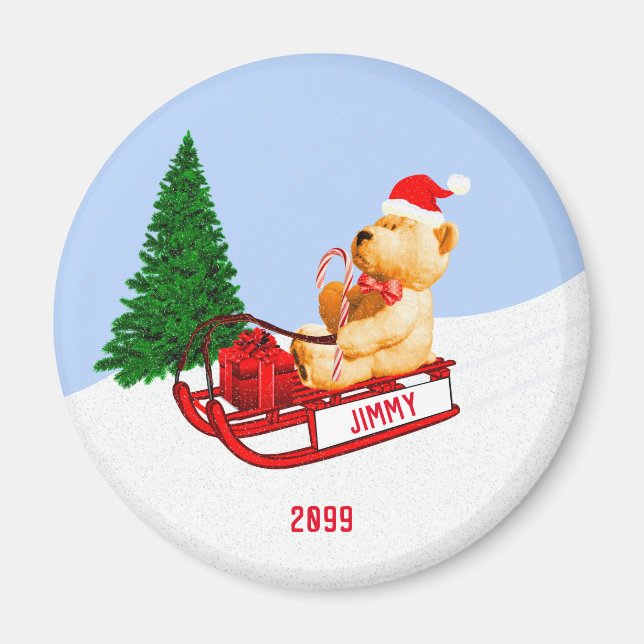 AdorableTeddy Bear on Sled w Present Magnet (Front)