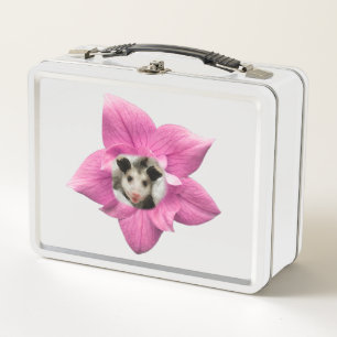 Adorably Cute Baby Smiling Baby Opossum Floral Metal Lunch Box