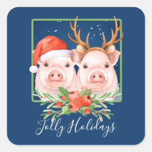 Adorably Cute Pig Couple Christmas Square Sticker