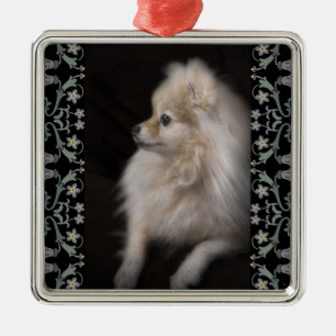 Adorably Cute Posing Pomeranian Puppy Metal Tree Decoration