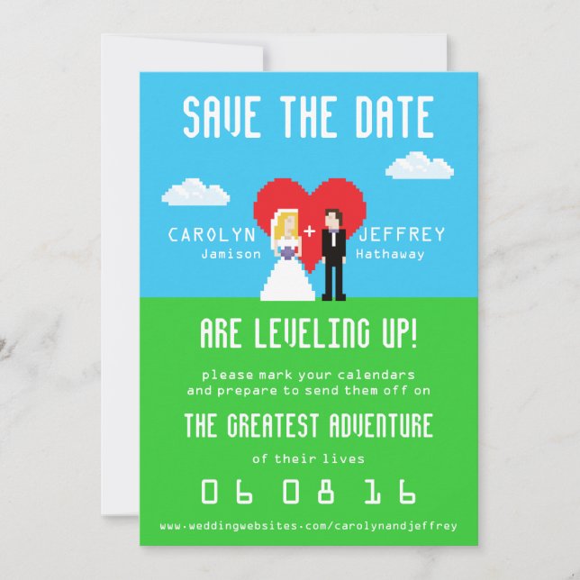 Adorably Nerdy 8-Bit Bride & Groom Save the Date (Front)