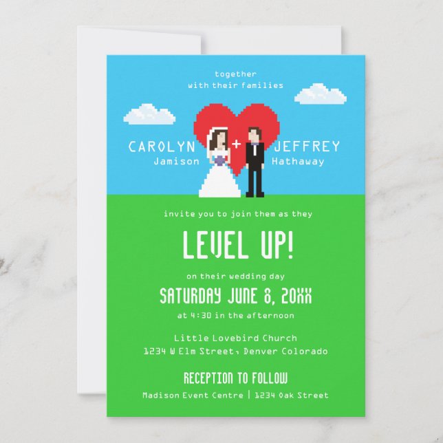 Adorably Nerdy 8-Bit Wedding Invitations (Front)
