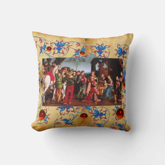 ADORATION OF MAGI CHRISTMAS FLORAL PARCHMENT, GEMS CUSHION (Front)