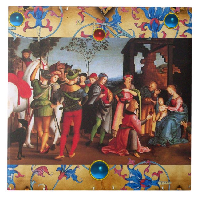 ADORATION OF MAGI CHRISTMAS FLORAL PARCHMENT, GEMS TILE (Front)