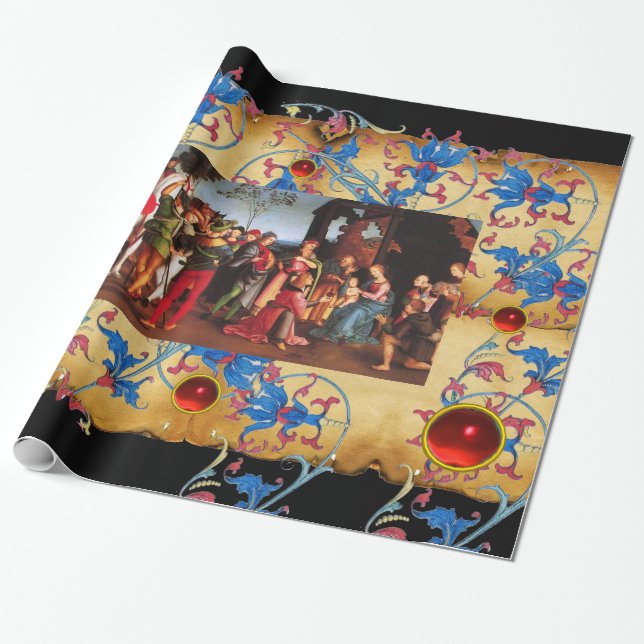 ADORATION OF MAGI CHRISTMAS FLORAL PARCHMENT, GEMS WRAPPING PAPER (Unrolled)