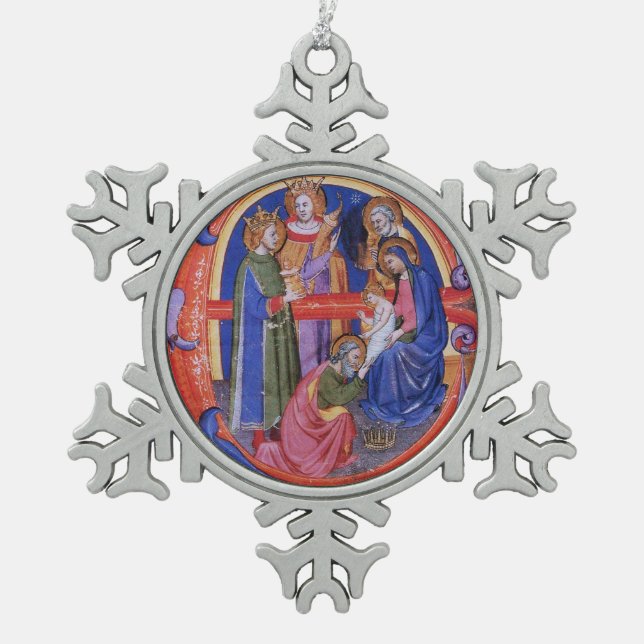 ADORATION OF MAGI CHRISTMAS NATIVITY PARCHMENT SNOWFLAKE PEWTER CHRISTMAS ORNAMENT (Front)