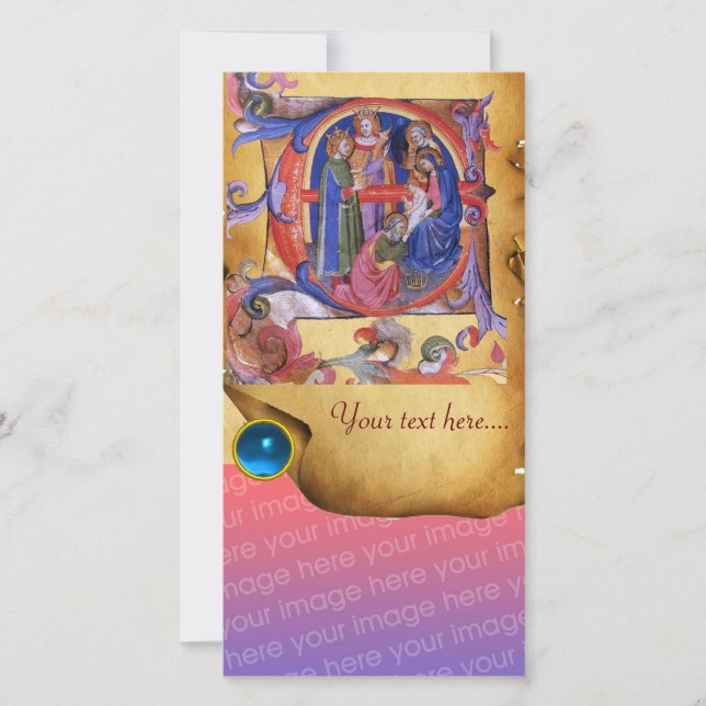 ADORATION OF MAGI CHRISTMAS PARCHMENT Blue Gem Holiday Card (Front)