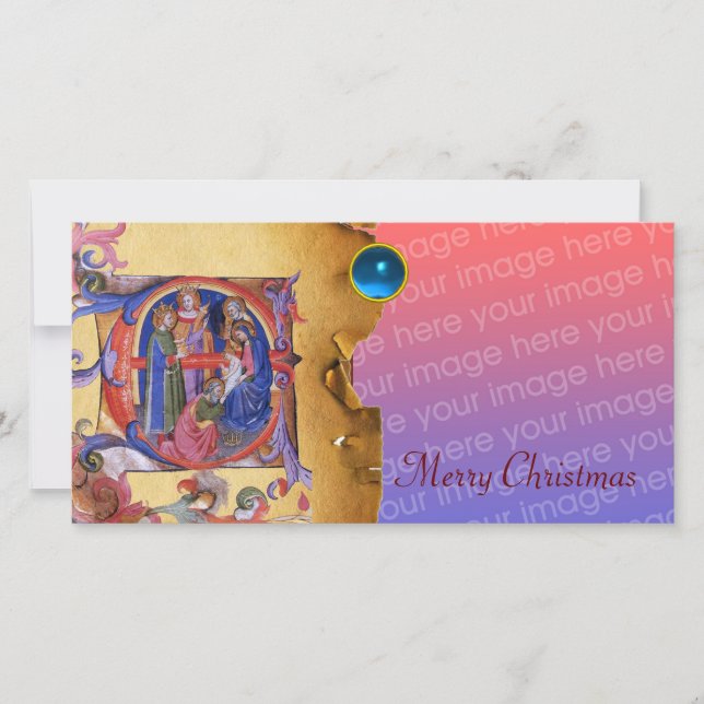 ADORATION OF MAGI CHRISTMAS PARCHMENT Blue Gem Holiday Card (Front)