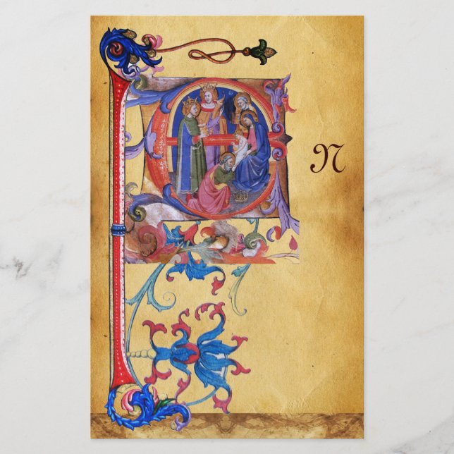 ADORATION OF MAGI CHRISTMAS PARCHMENT MONOGRAM STATIONERY (Front)