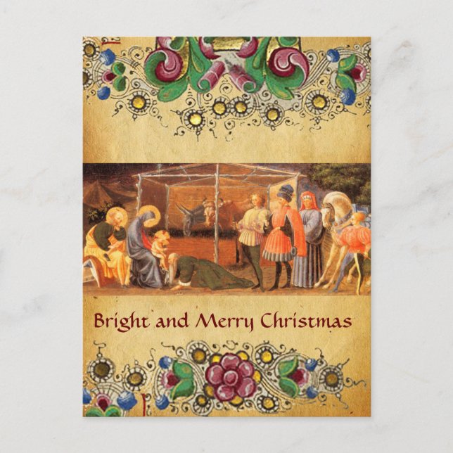 ADORATION OF MAGI, FLORAL CHRISTMAS PARCHMENT HOLIDAY POSTCARD (Front)