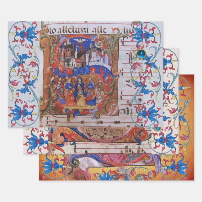 ADORATION OF MAGI Mediaeval Miniatures, Christmas  Wrapping Paper Sheet (Set)