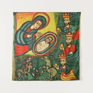 ADORATION OF MAGI ,PRIMITIVE NATIVITY Christmas Tapestry