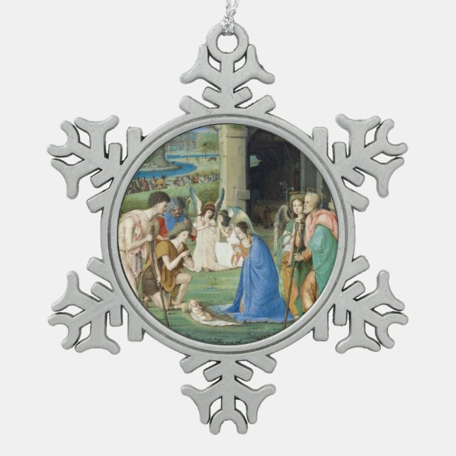 Adoration of the Shepherds, circa 1500 Snowflake Pewter Christmas Ornament (Front)